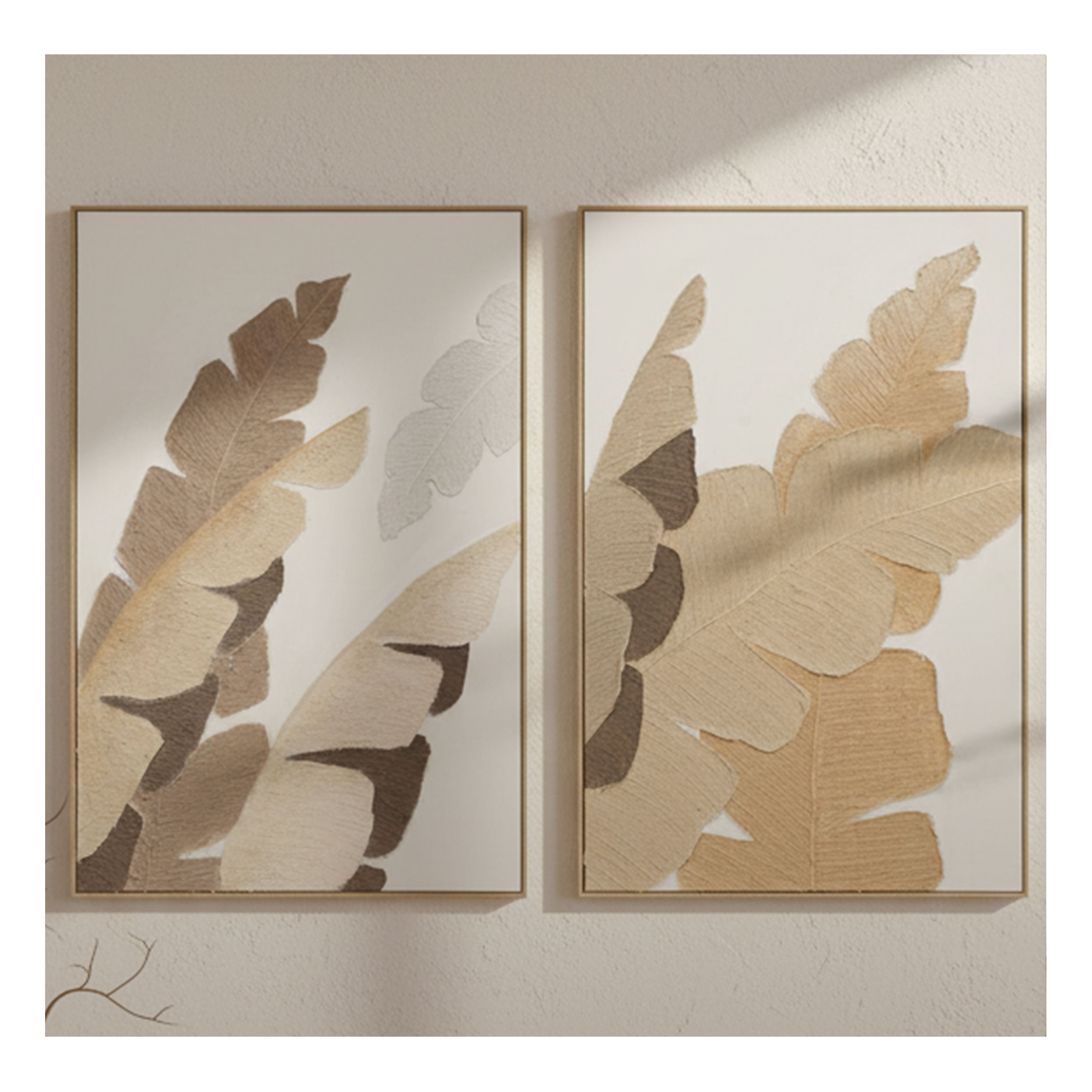 Neutral diptych wall art set displayed in a contemporary interior