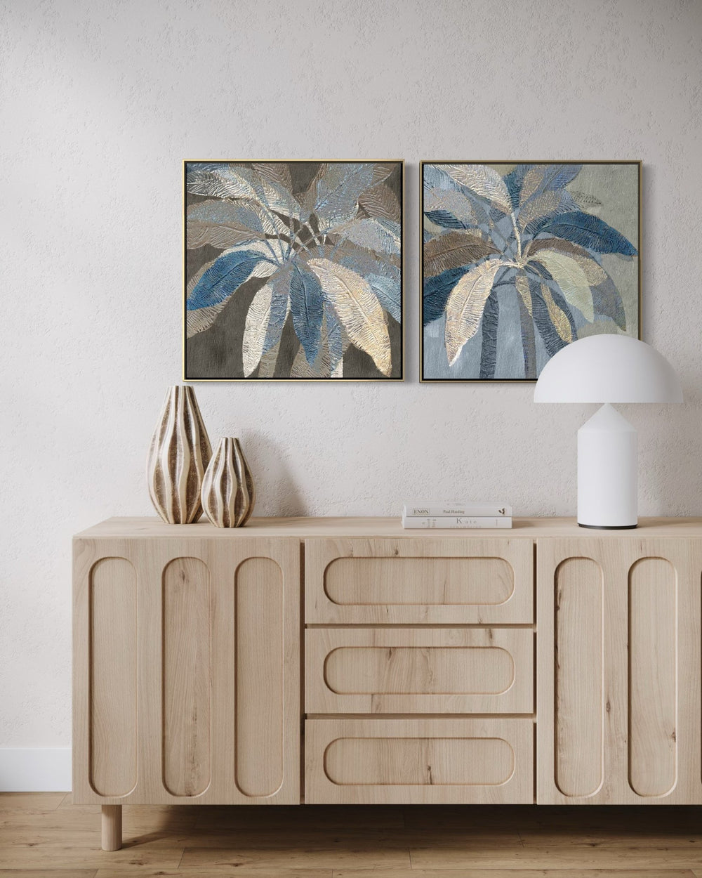 Textured Leaves in Blue Hues - 02 60×60cm - Hand - Painted Oil Painting | Bella Home Art