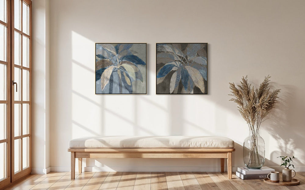 Textured Leaves in Blue Hues - 02 60×60cm - Hand - Painted Oil Painting | Bella Home Art