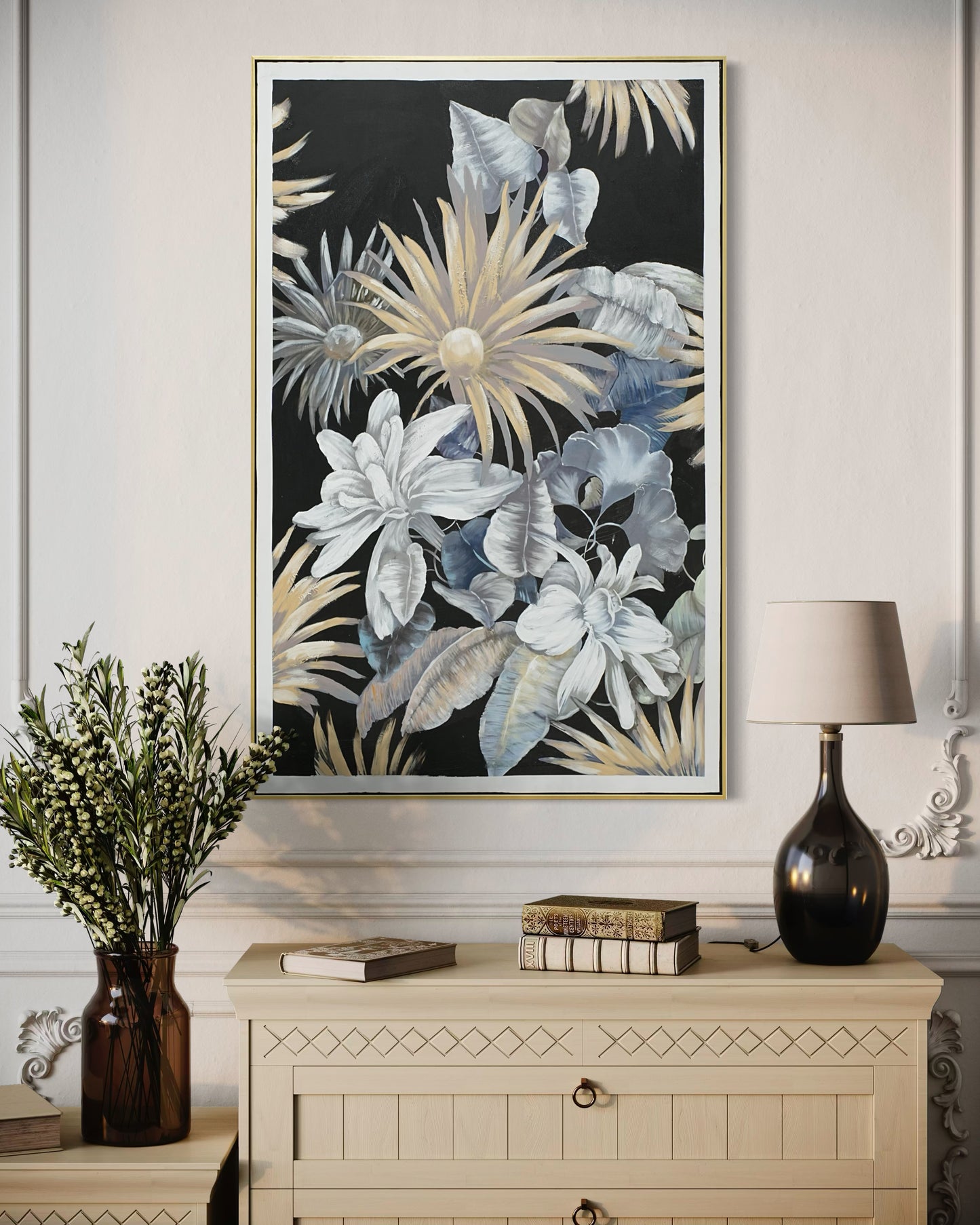 Midnight Bloom Garden 01 - Hand Painted Botanical Wall Art 82x122cm