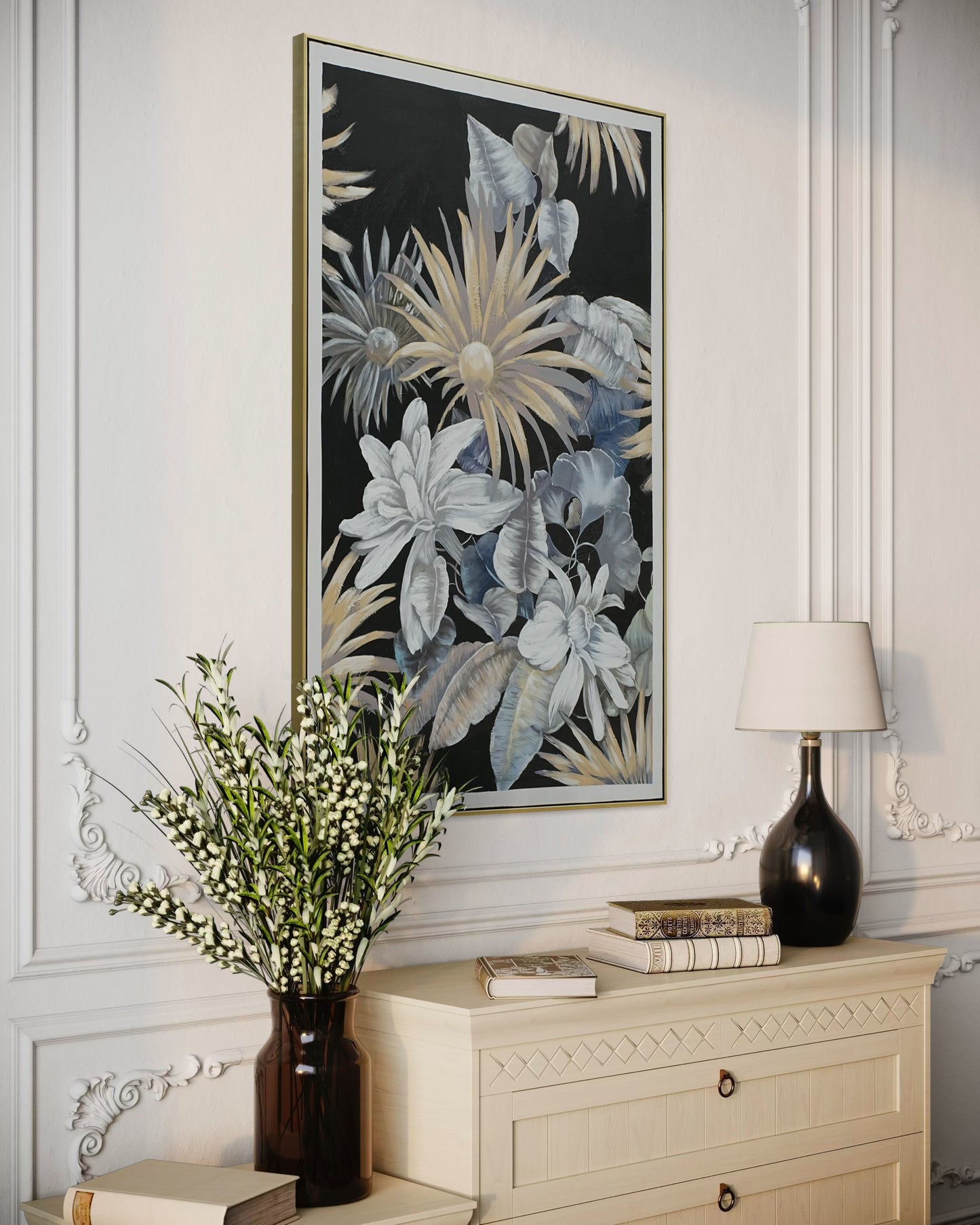 Midnight Bloom Garden 01 - Hand Painted Botanical Wall Art 82x122cm