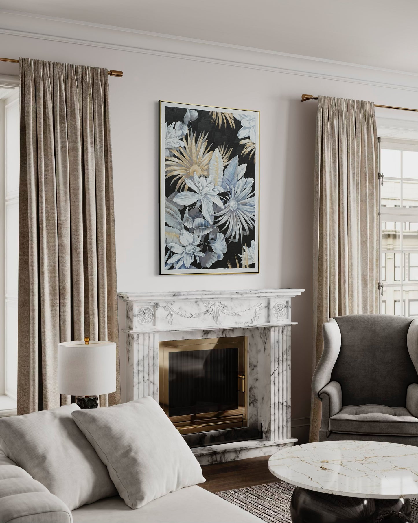 Midnight Bloom Garden 02 - Hand Painted Botanical Wall Art 82x122cm