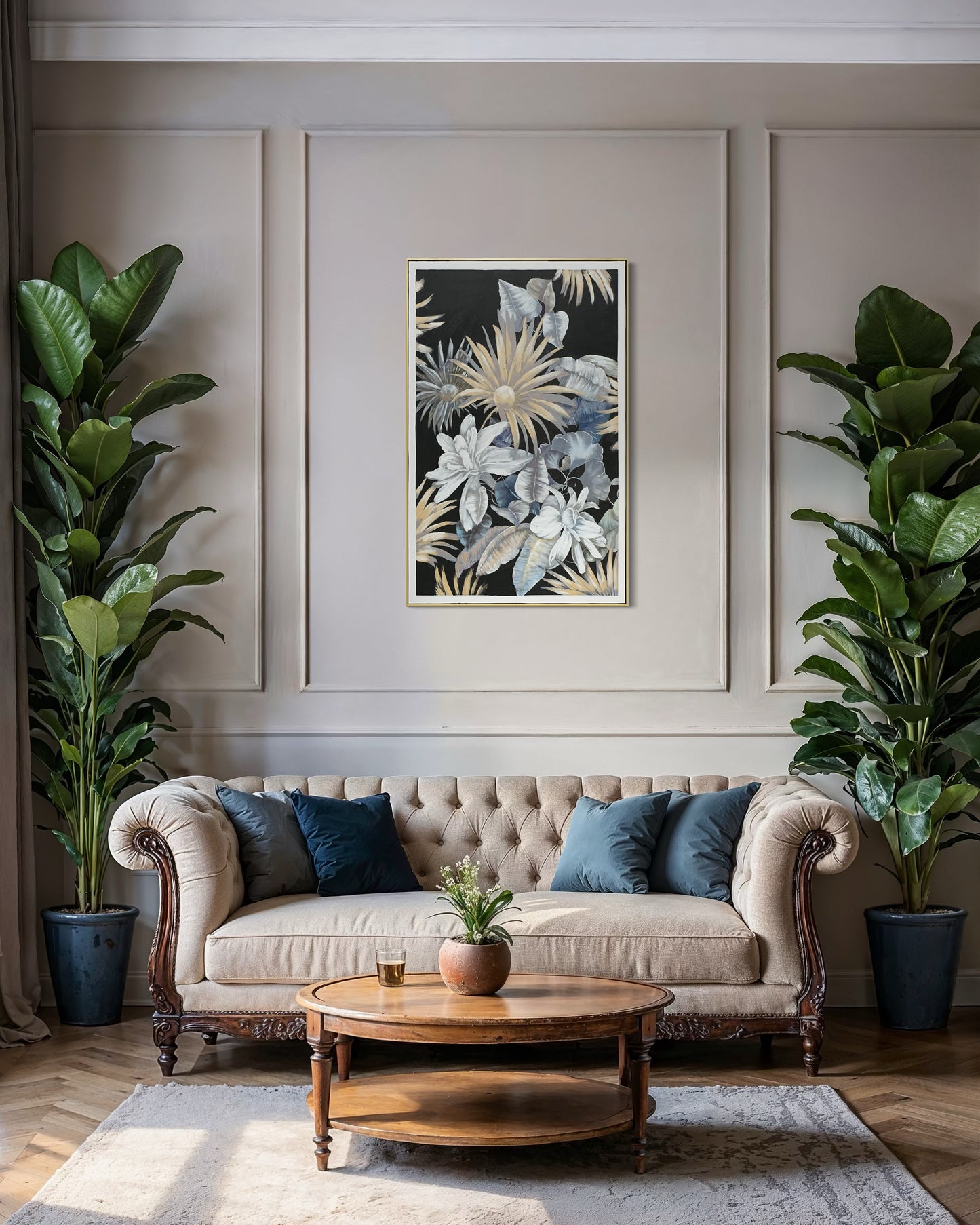 Midnight Bloom Garden 01 - Hand Painted Botanical Wall Art 82x122cm