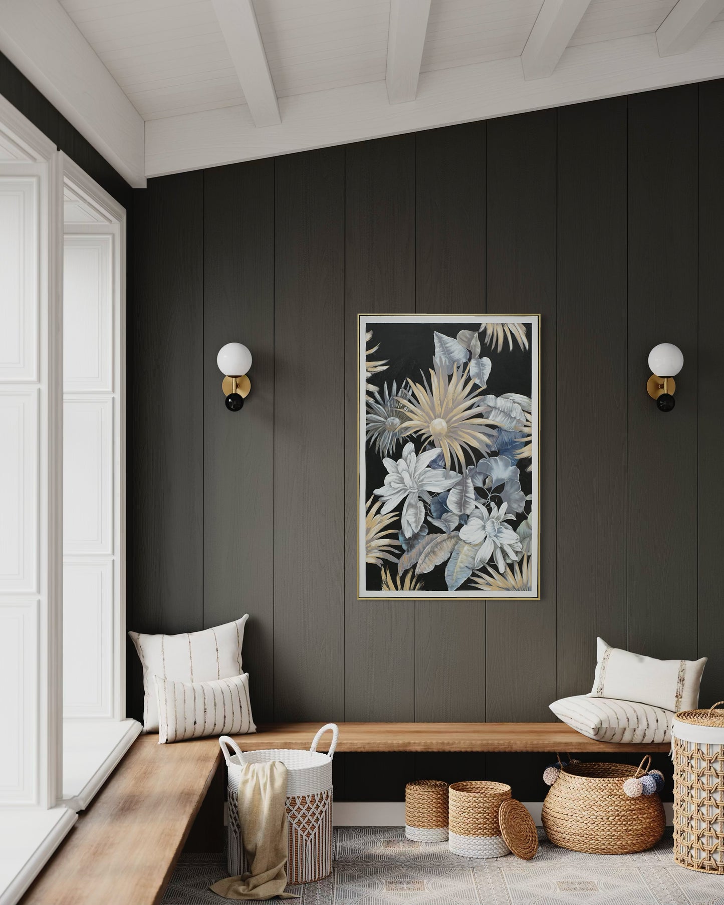 Midnight Bloom Garden 01 - Hand Painted Botanical Wall Art 82x122cm