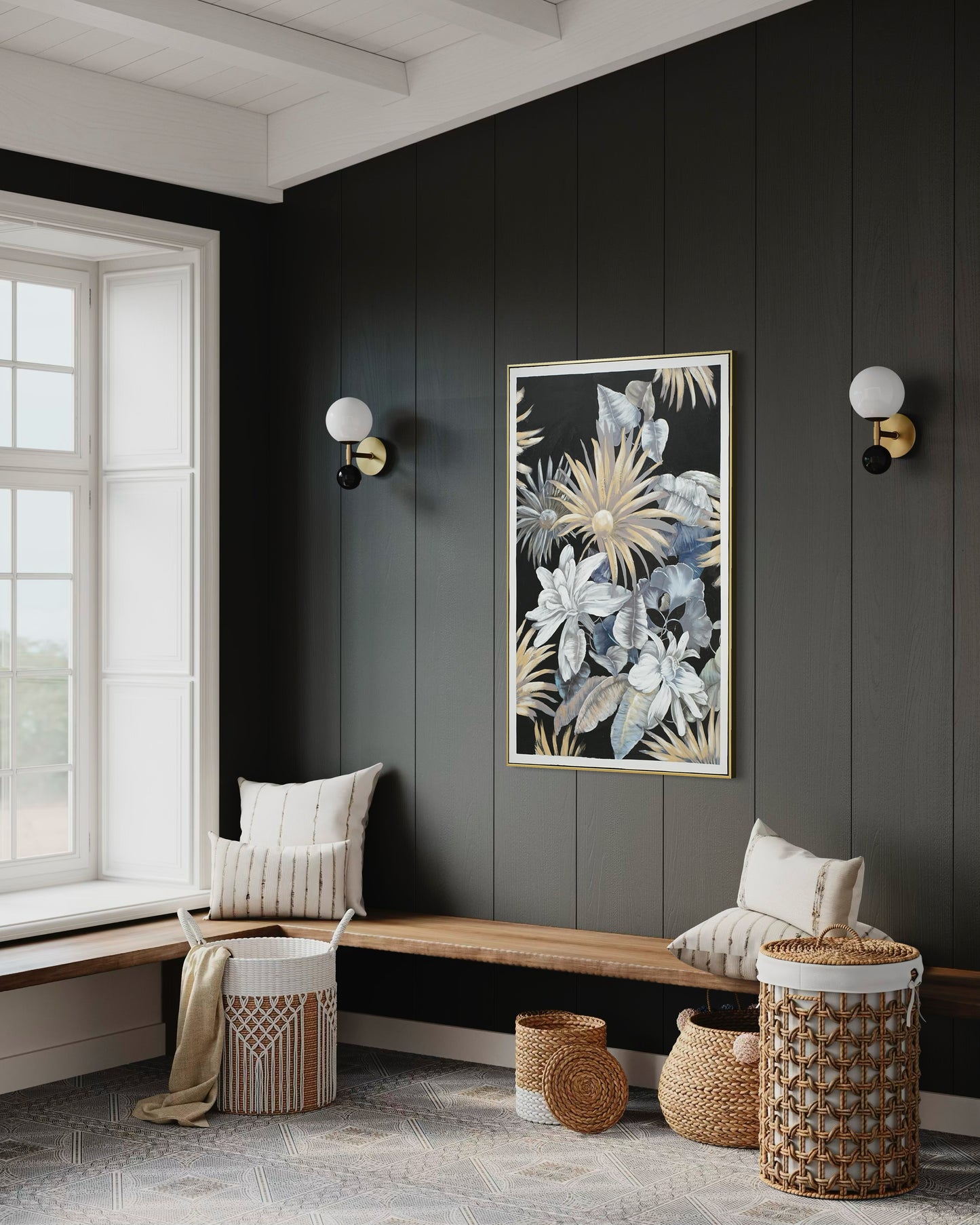 Midnight Bloom Garden 01 - Hand Painted Botanical Wall Art 82x122cm