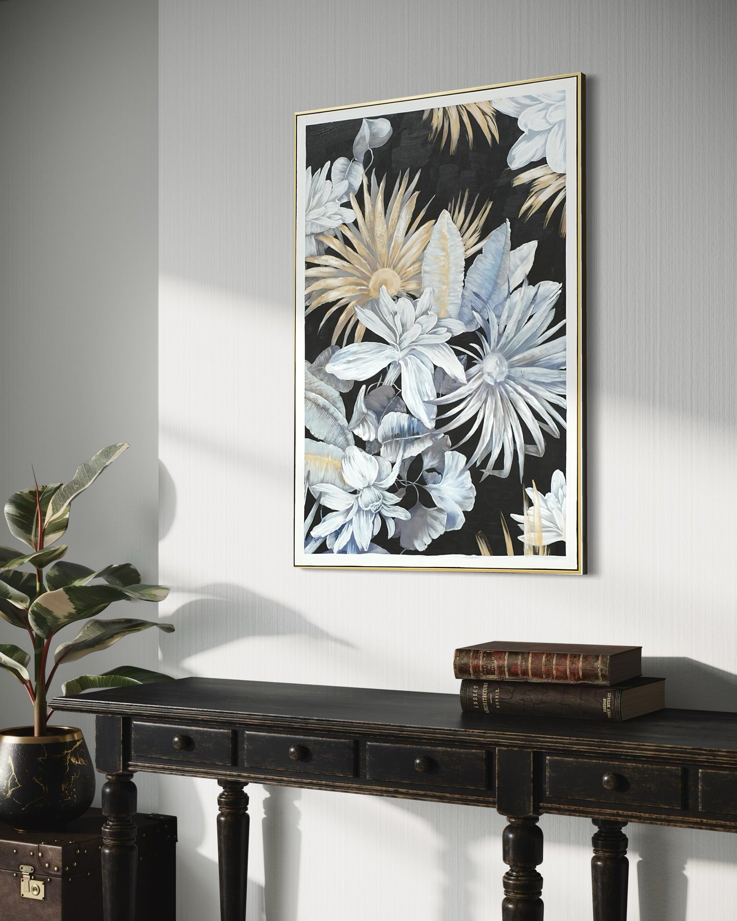 Midnight Bloom Garden 02 - Hand Painted Botanical Wall Art 82x122cm