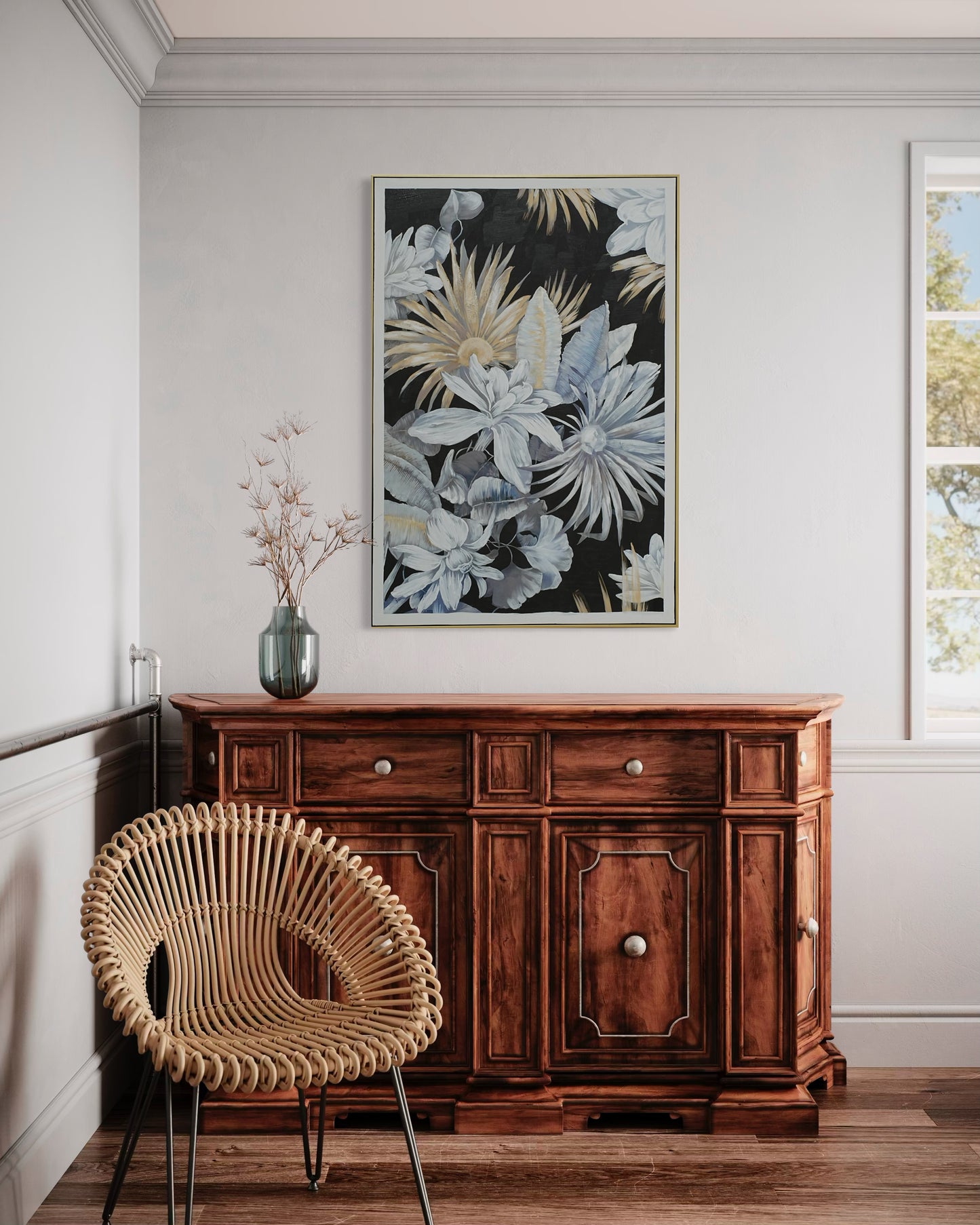 Midnight Bloom Garden 02 - Hand Painted Botanical Wall Art 82x122cm