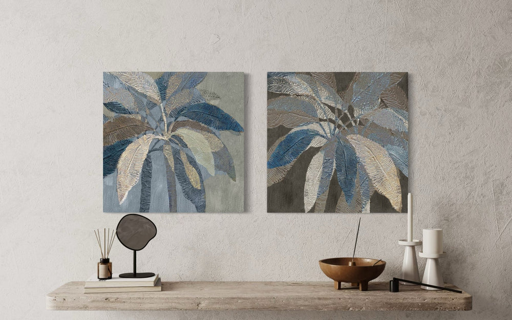 Textured Leaves in Blue Hues - 01 60×60cm - | Bella Home Art