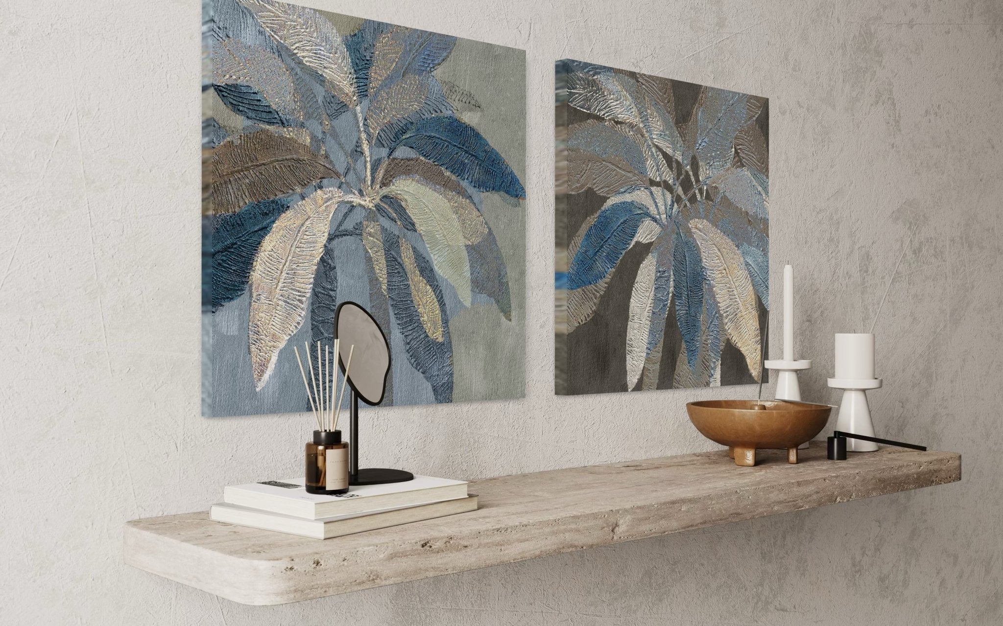 Textured Leaves in Blue Hues - 01 60×60cm - | Bella Home Art
