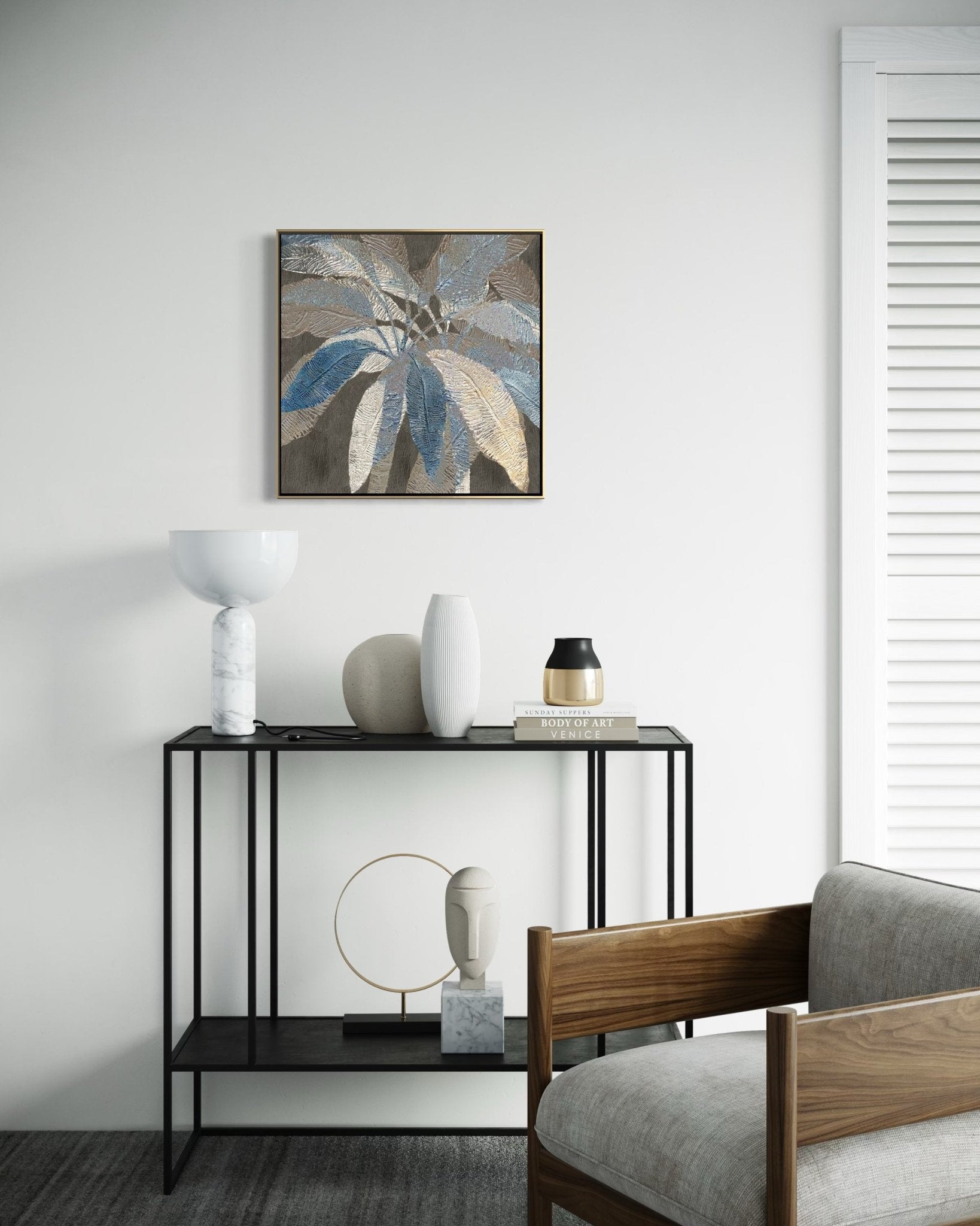 Textured Leaves in Blue Hues-02 60×60cm – artwork detail 1