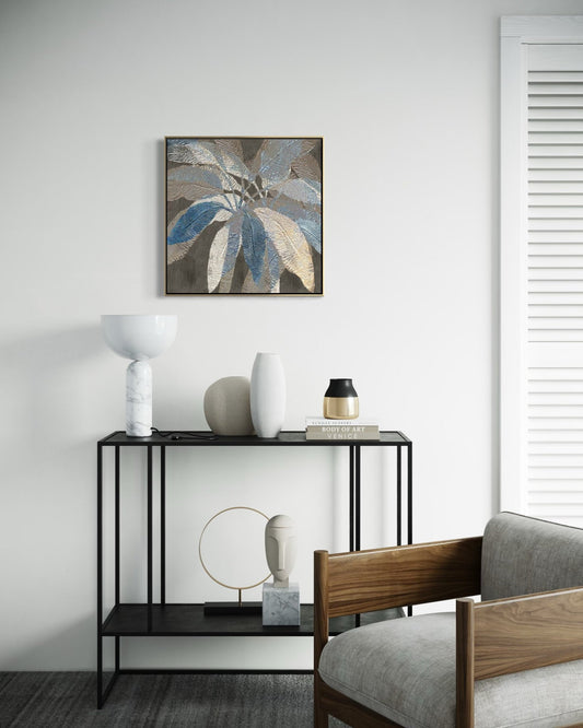 Textured Leaves in Blue Hues - 02 60×60cm - Hand - Painted Oil Painting | Bella Home Art