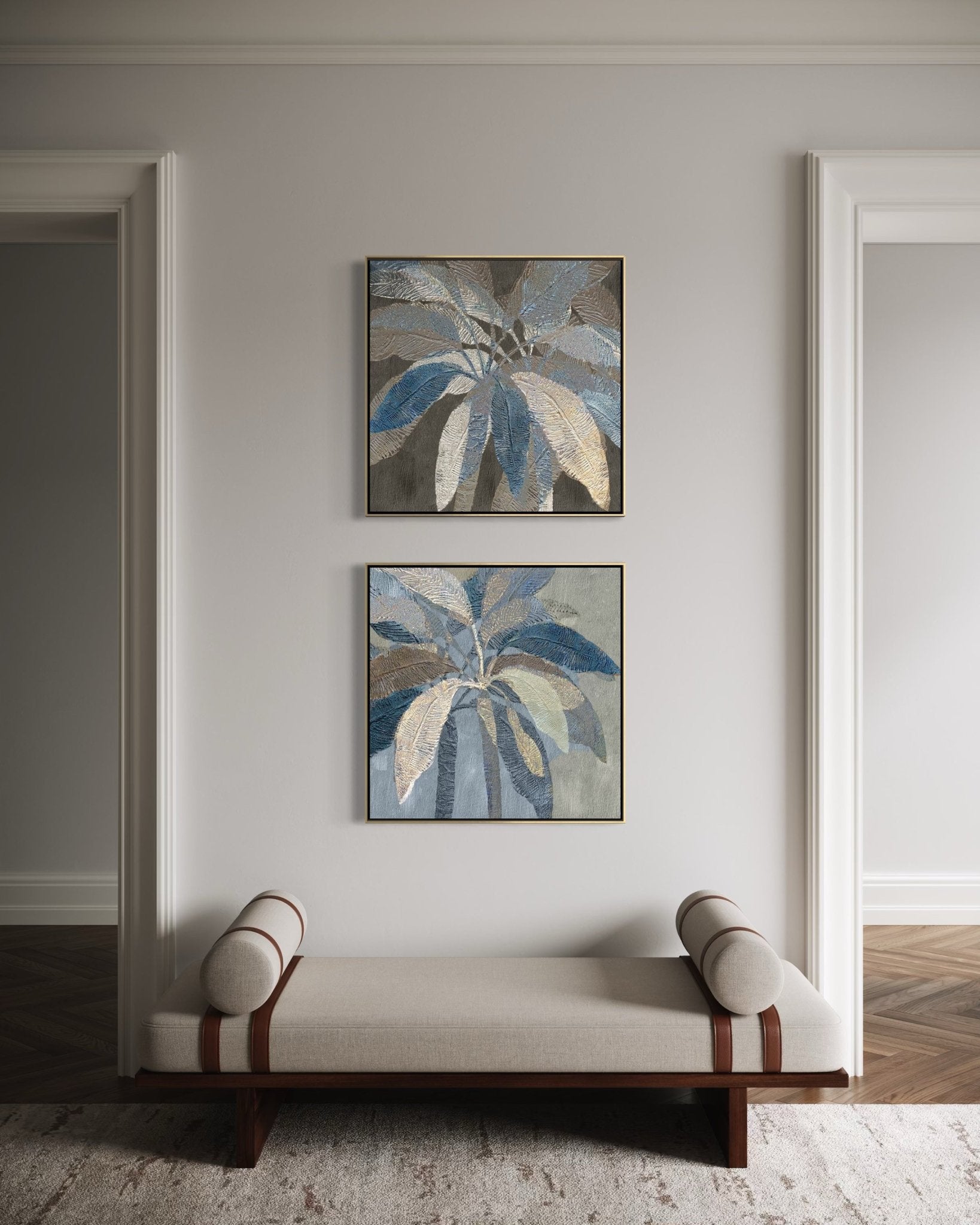 Textured Leaves in Blue Hues - 02 60×60cm - Hand - Painted Oil Painting | Bella Home Art