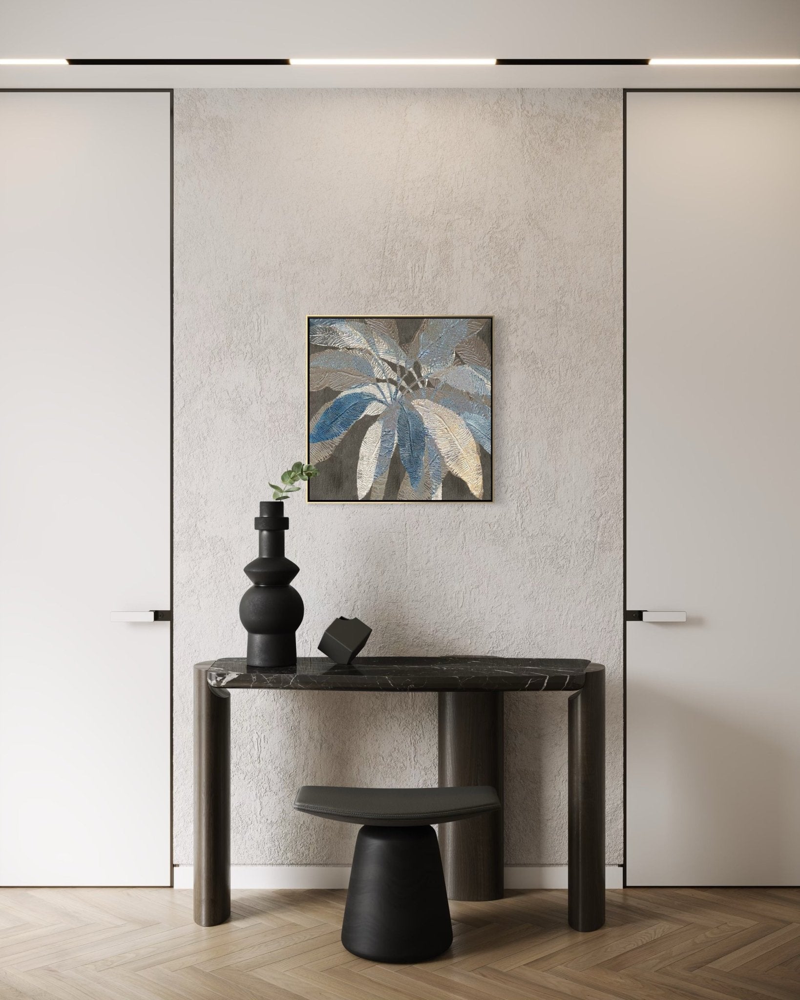 Textured Leaves in Blue Hues-02 60×60cm – artwork detail 2